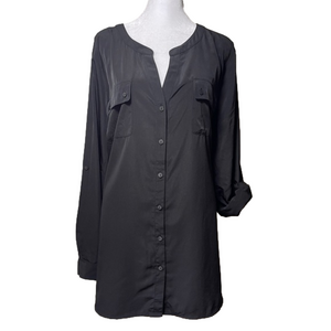 Lane Bryant Collarless Black Button-Down Tunic Shirt Roll Tab Option Sleeves